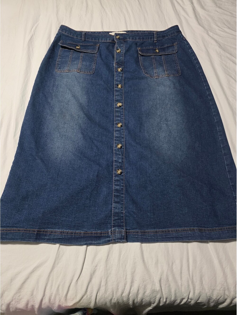 Denim Button-Front Midi Skirt with Flap Pockets